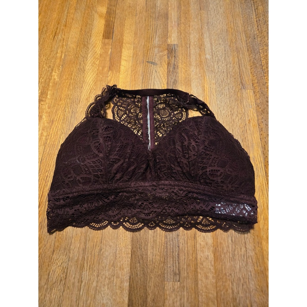 Wine Burgundy Women 0 Floral Lace Studded Racerback Romantic Whimsical Bralette
